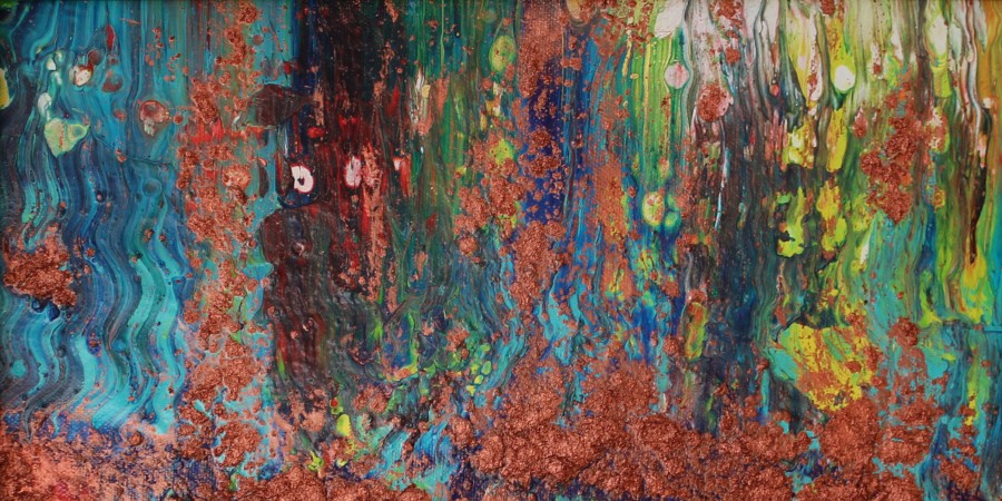 Link zur Rubrik Ausstellungen, Kulturveranstaltungen: Ausschnitt aus einem abstrakten Gemälde, mit teil plastischem Auftrag der Farben und Materialien
