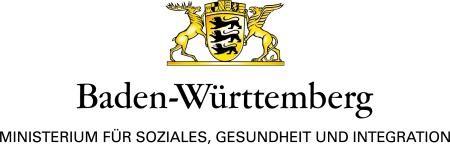 Logo mit Beschriftung "Baden-Württtemberg, Ministerium für Soziales, Gesundheit und Integration", darüber das Wappen des Landes Baden-Württemberg, Schild mit drei Löwen und einer Wappenreihe historischer Landesteile, flankiert von Hirsch und Greif,
