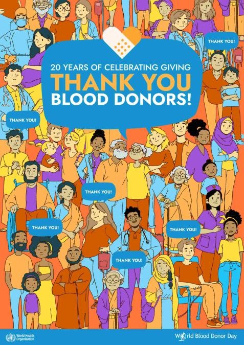 Bild stellt ein Poster mit illustrierten Personen jegliche Couleur dar. Darüber hinaus wird das Motto des diesjährigen Blutspendetags präsentiert. Dieses lautet „20 Years of celebrating giving -Thank you blood donors”.